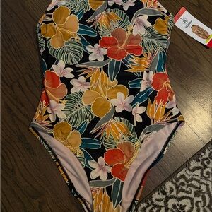 Hurley Black One-Piece Swimsuit with Tropical Floral Print, NEW